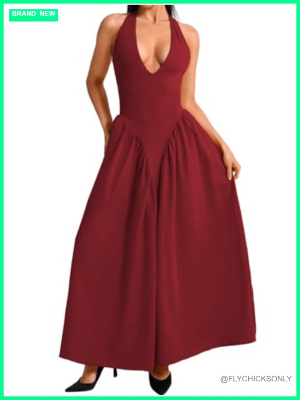 Deep V Neck Halter Maxi Dress Layered Corset Flowy Wedding Guest